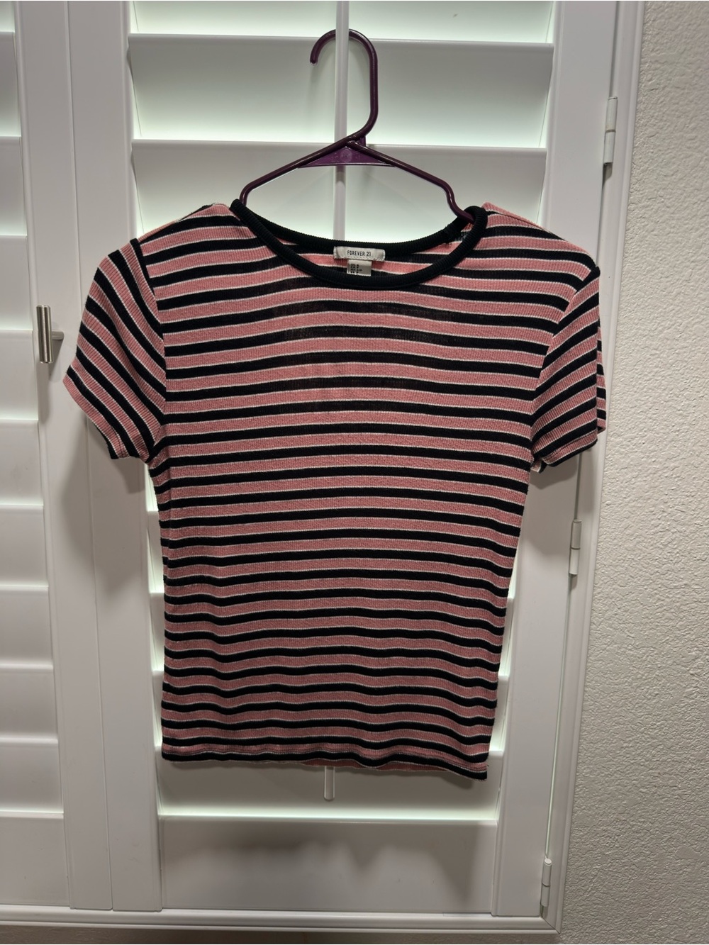 Forever 21 Pink & Black Striped Short Sleeve Crew Tee